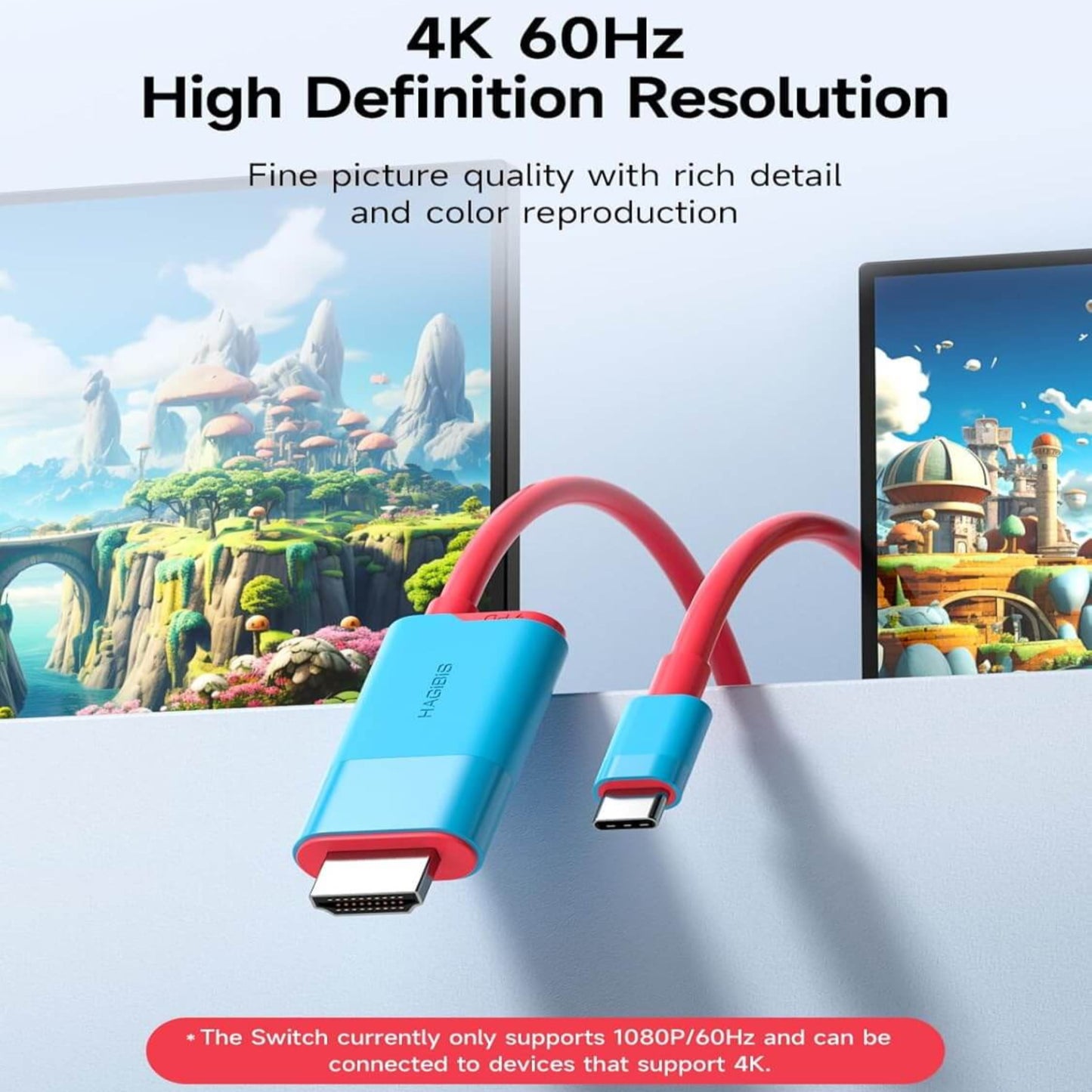 Hagibis USB C to HDMI adapter showcasing 4K 60Hz resolution for high-definition gaming with Nintendo Switch.