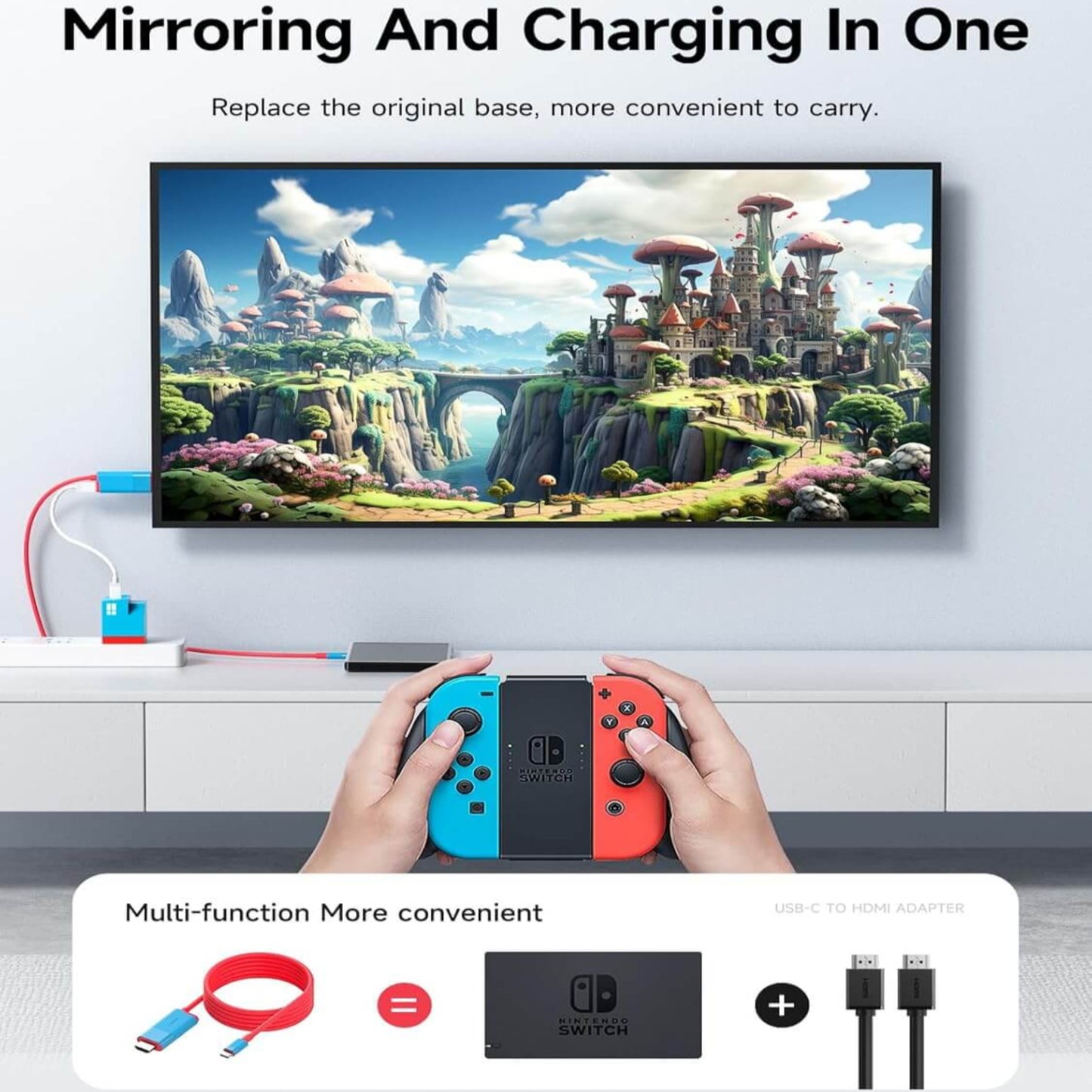 Hagibis Switch Dock for Nintendo Switch mirroring gameplay and charging on TV, compact USB C to HDMI adapter.