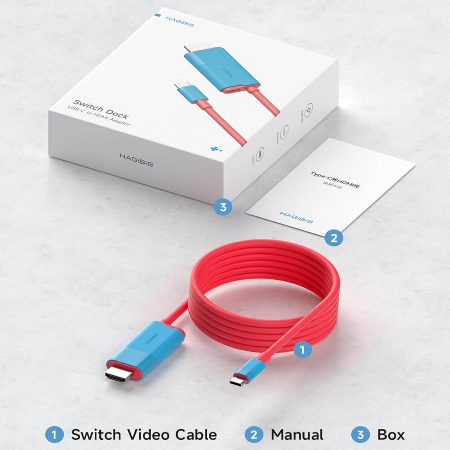 Packing list for Hagibis Switch Dock: USB C video cable, manual, and box.