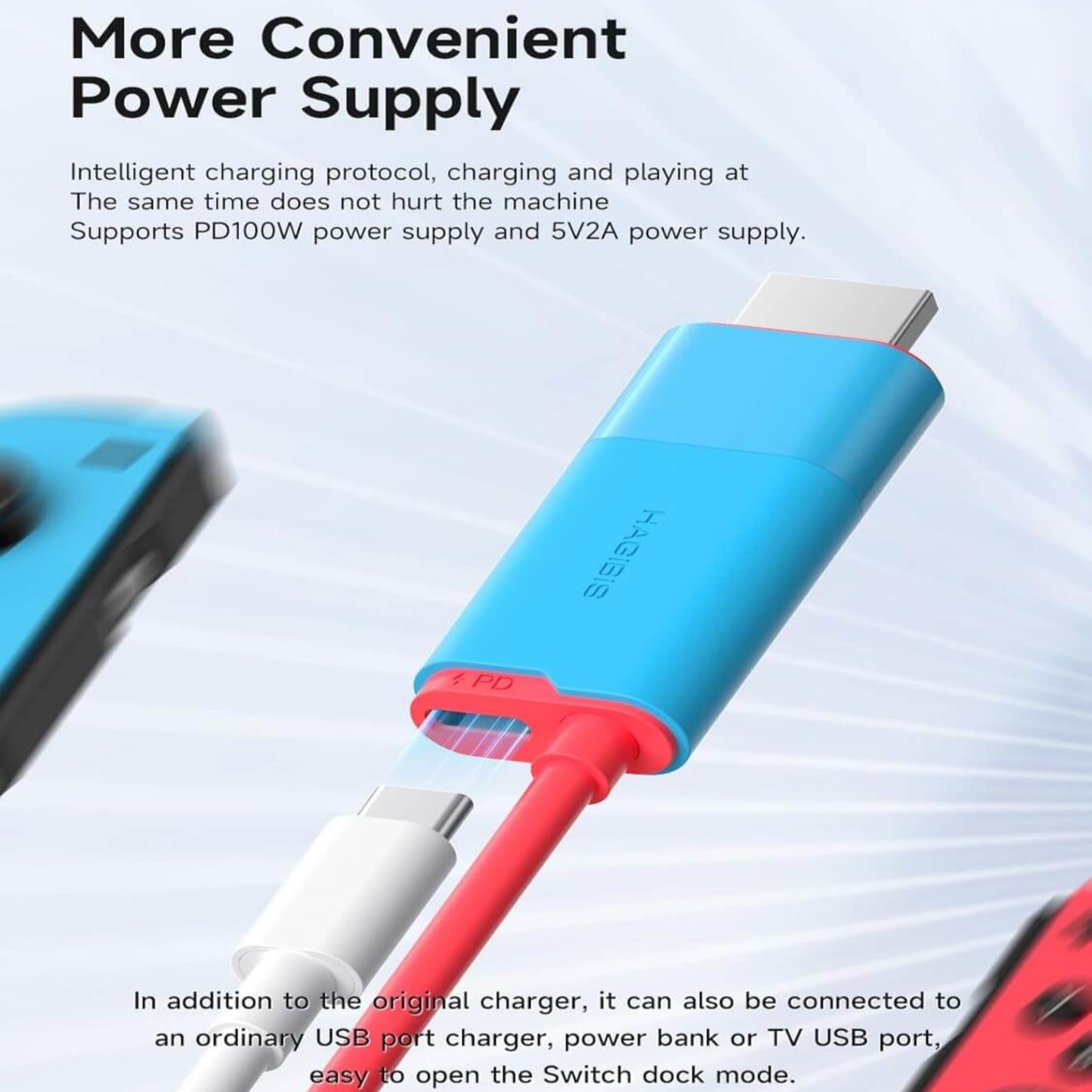 Hagibis Switch Dock USB C to HDMI adapter showcasing convenient power supply and intelligent charging features.