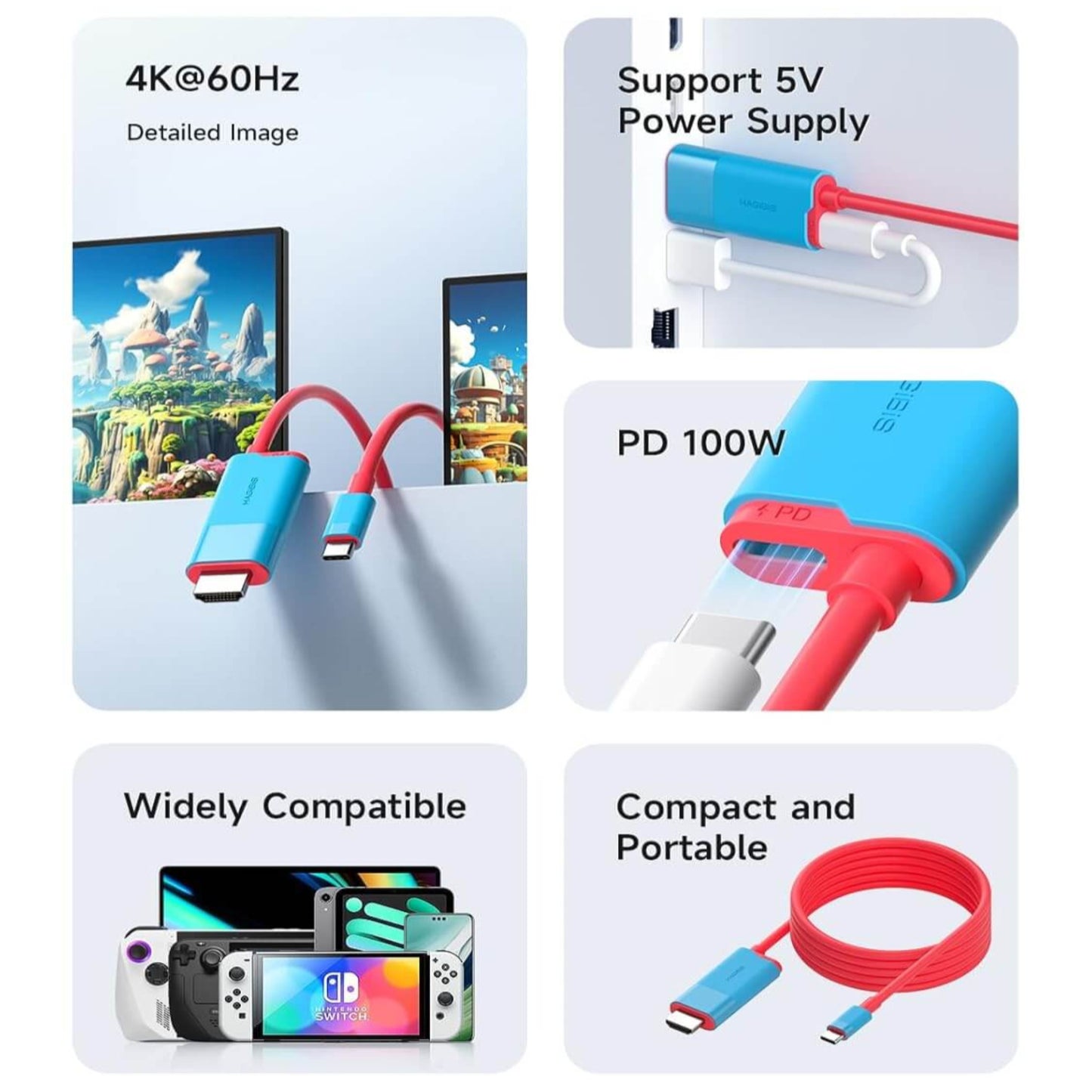 Hagibis Switch Dock features 4K at 60Hz, PD 100W power, compact design, and compatibility with various devices.
