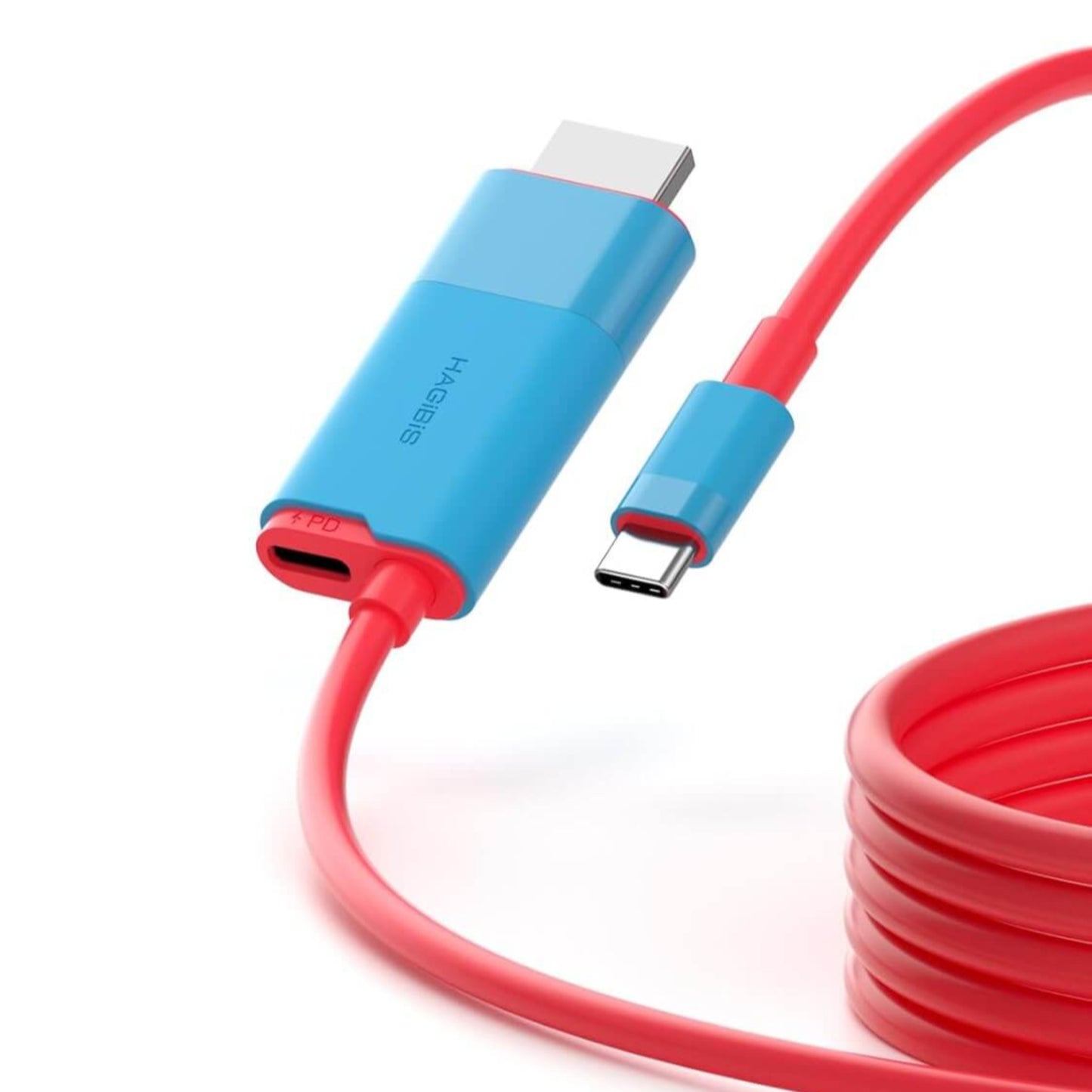 Hagibis USB C to HDMI adapter in blue and red, designed for Nintendo Switch connection.