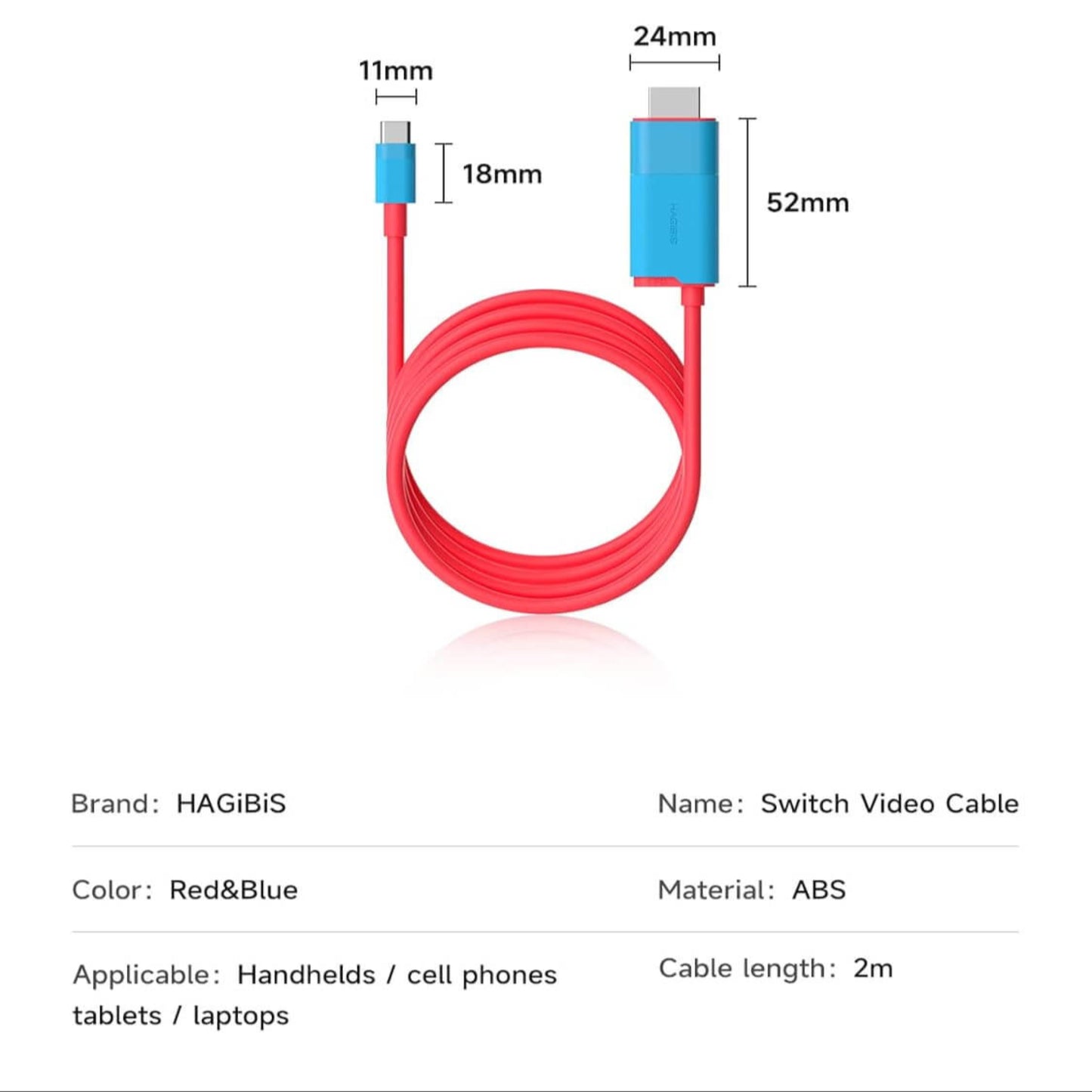 Hagibis Switch video cable in red and blue with dimensions and specifications for handheld devices.