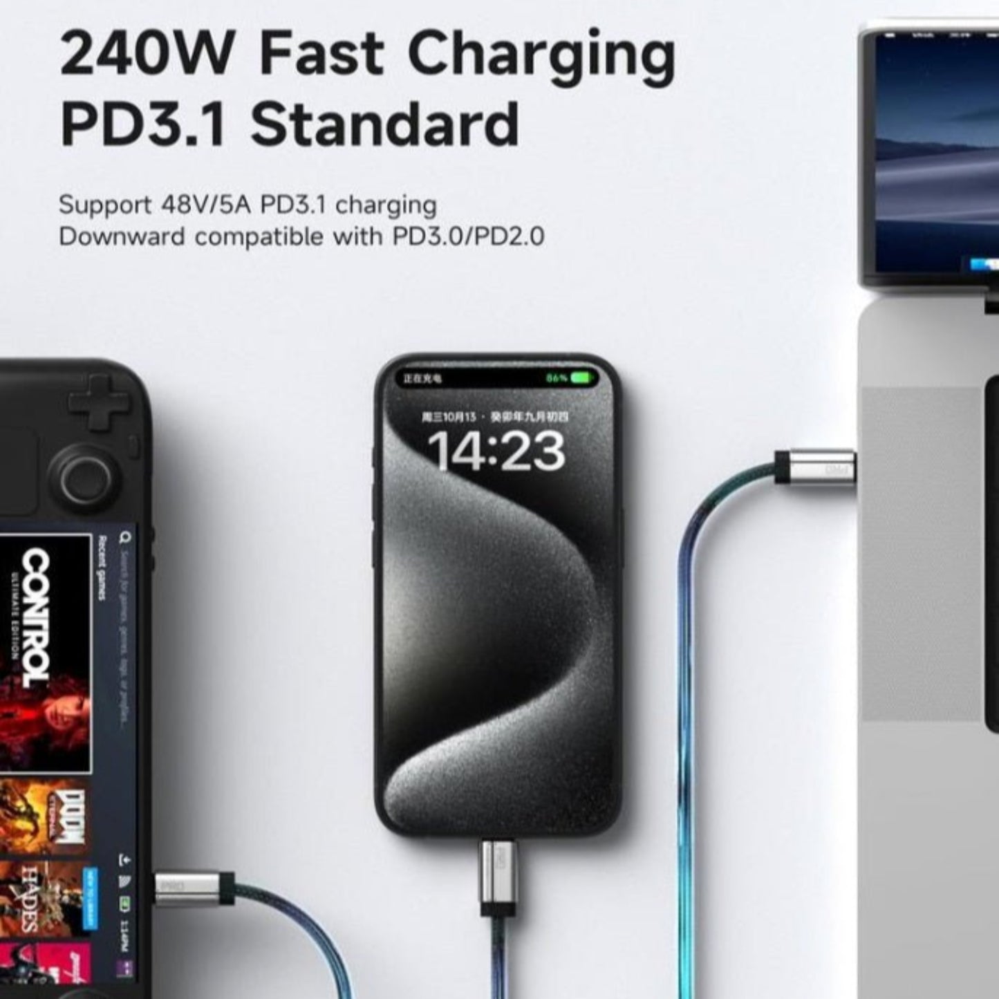 Hagibis 240W fast charging USB4 V2 Type-C cable connected to a phone and laptop, showcasing PD3.1 standard compatibility.