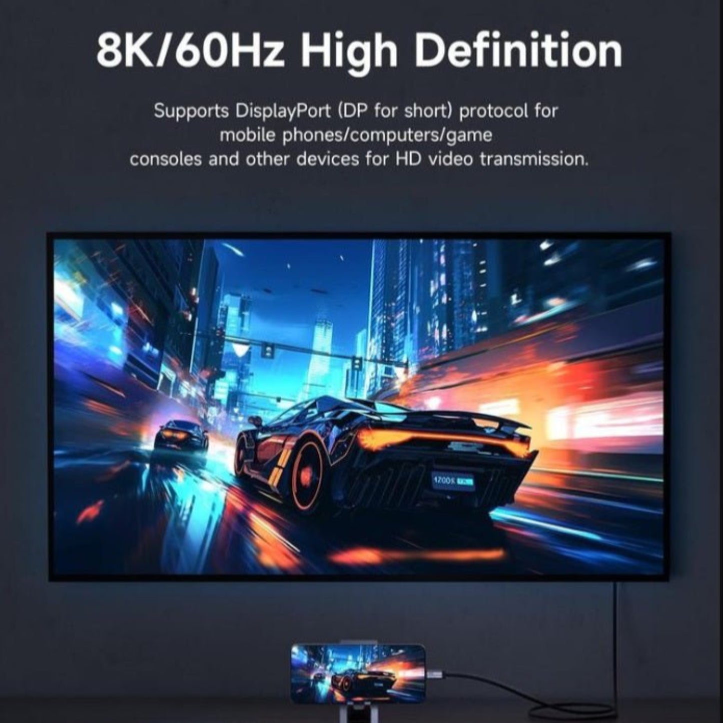 8K 60Hz high definition display showcasing a racing car video output from a device to a large screen.