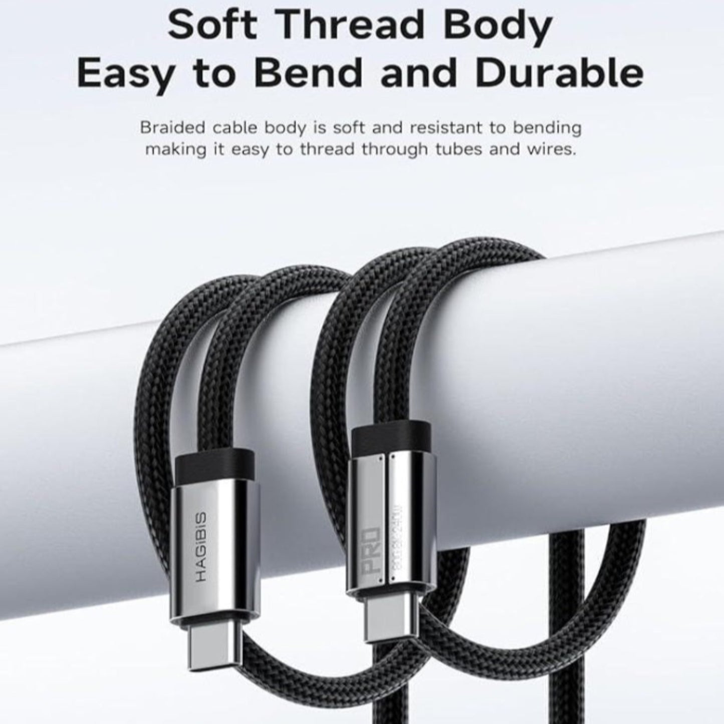 Hagibis braided USB4 V2 cable with flexible soft thread body, designed for durability and easy bending.