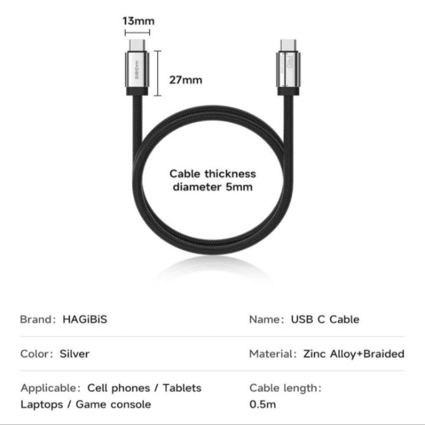 Hagibis USB C cable with silver finish, 0.5m length, 5mm diameter, suitable for laptops and mobile devices.