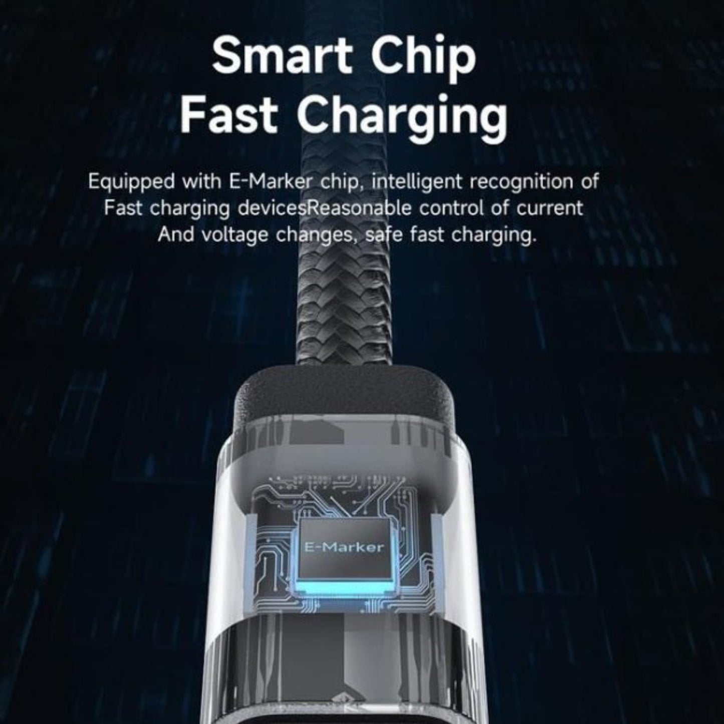 Close-up of Hagibis USB4 V2 cable with smart E-Marker chip for fast charging and current control.