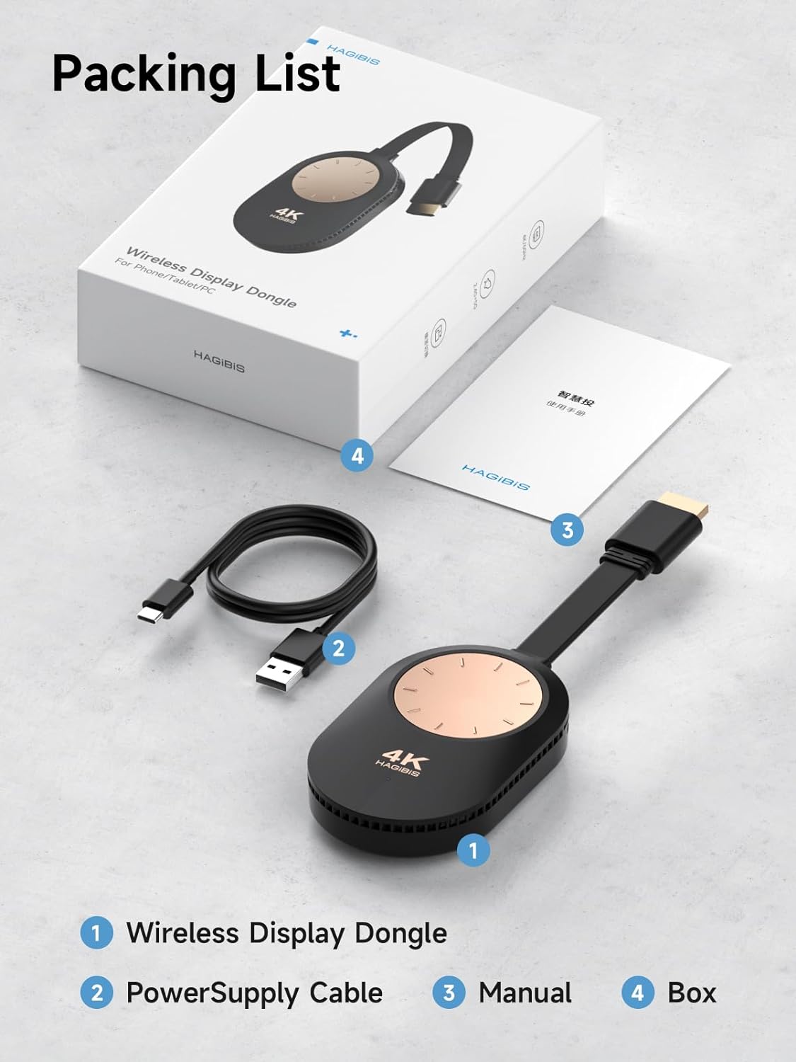 Hagibis 4K Wireless HDMI Display Dongle Adapter packing list with components laid out.