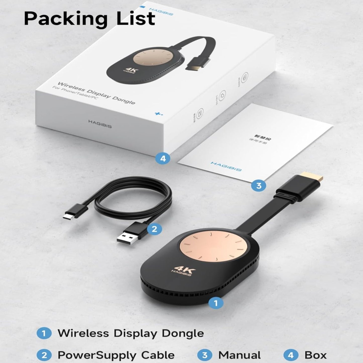 Hagibis 4K Wireless HDMI Display Dongle Adapter packing list with components laid out.