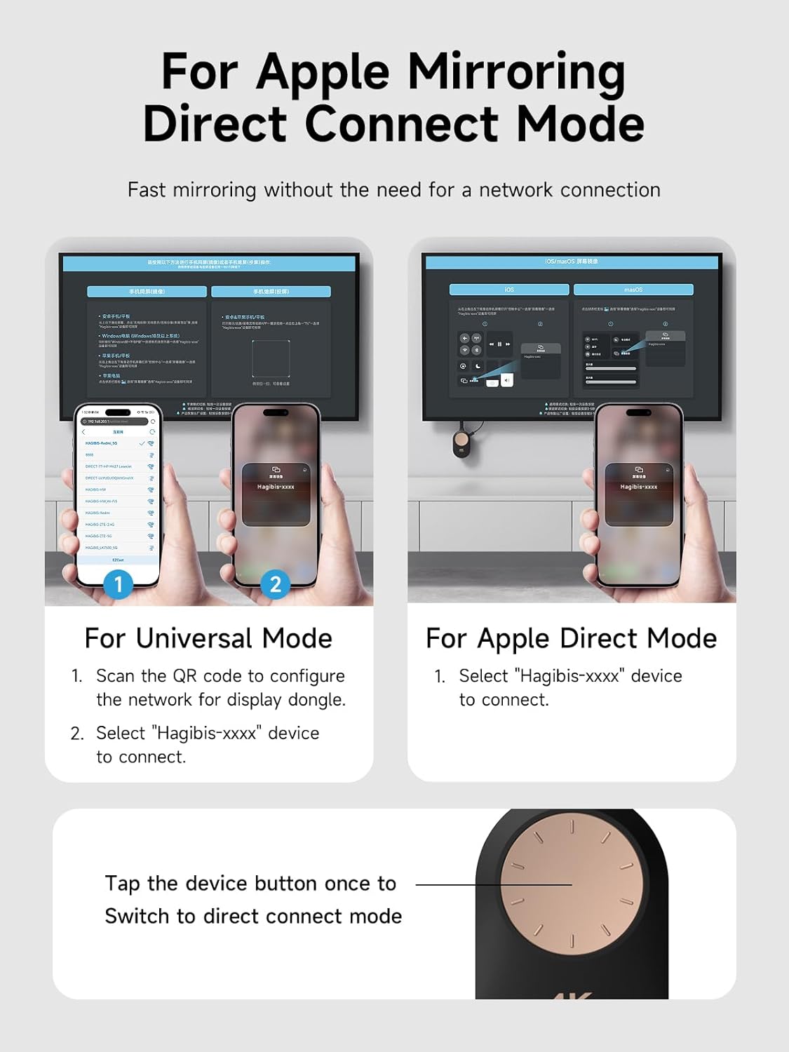 Instructions for using Hagibis HDMI dongle in Apple Mirroring Direct Connect Mode.