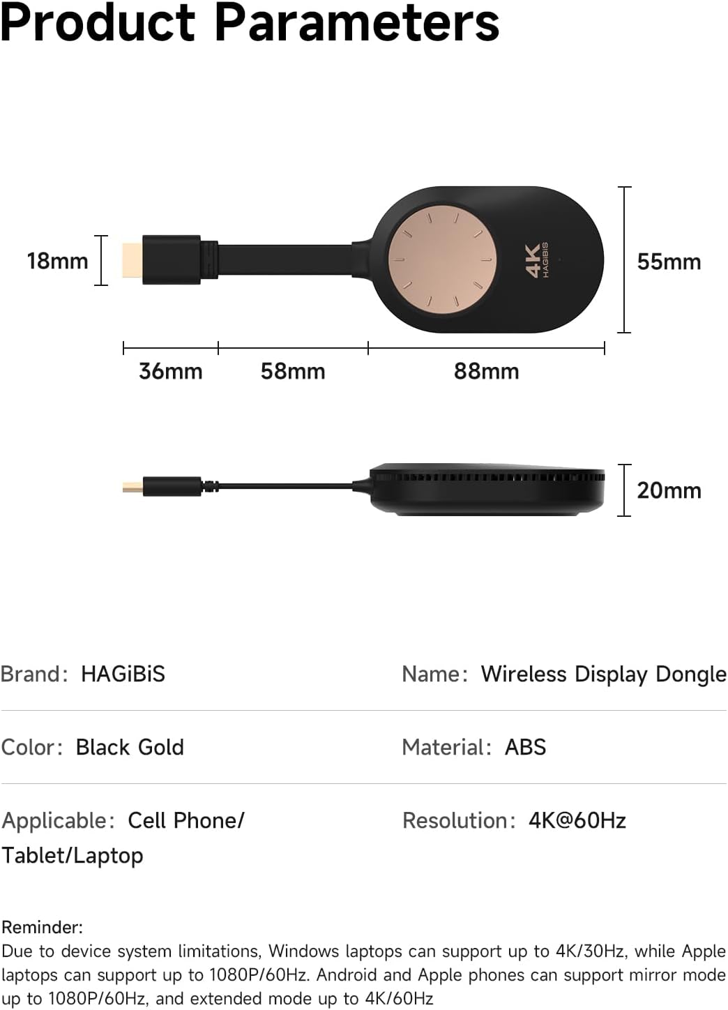 Hagibis 4K 60Hz Wireless HDMI Display Dongle Adapter specifications and dimensions on a product sheet.