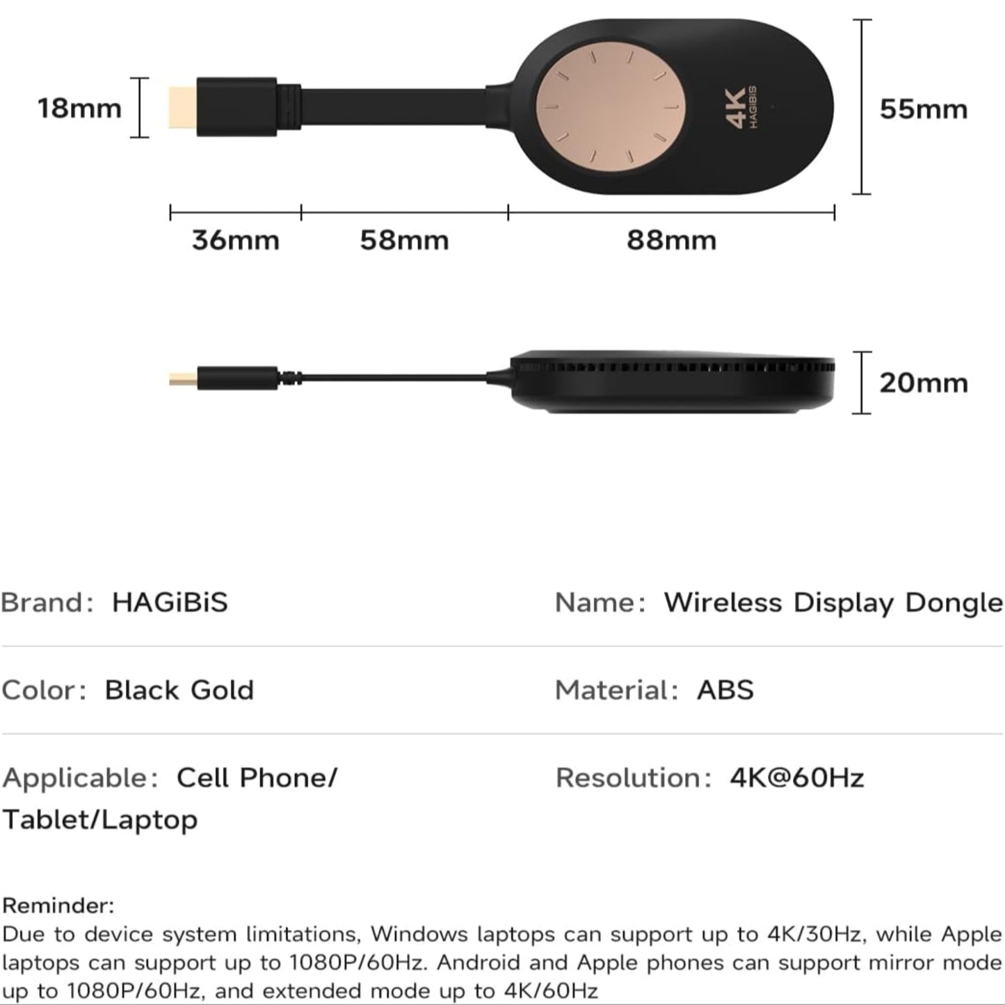 Hagibis 4K 60Hz Wireless HDMI Display Dongle Adapter specifications and dimensions on a product sheet.