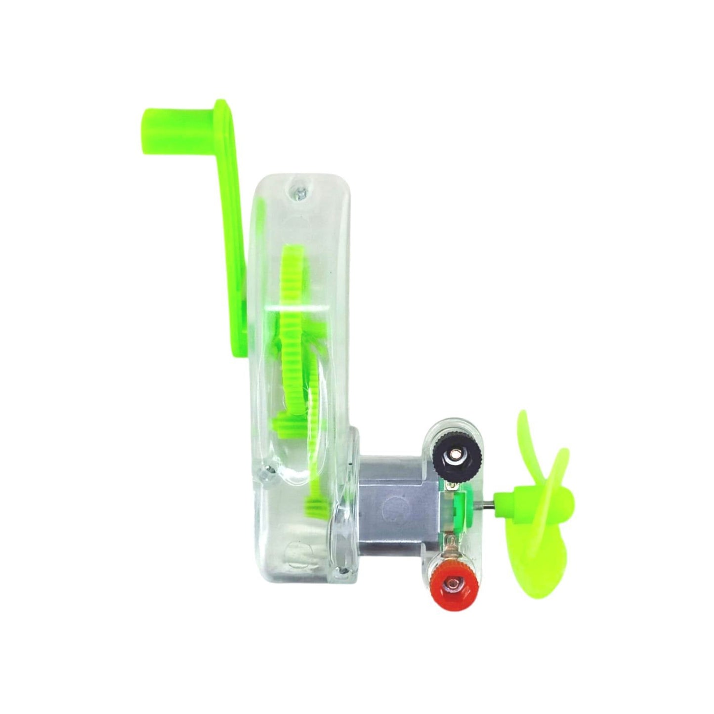 A top-down view of a clear plastic hand-crank generator showing its internal green gears and crank handle.