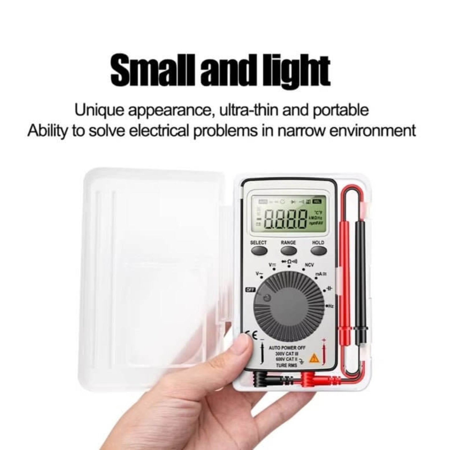 Compact LED Digital Multimeter showcasing its portable design and functionality for electrical testing in tight spaces.