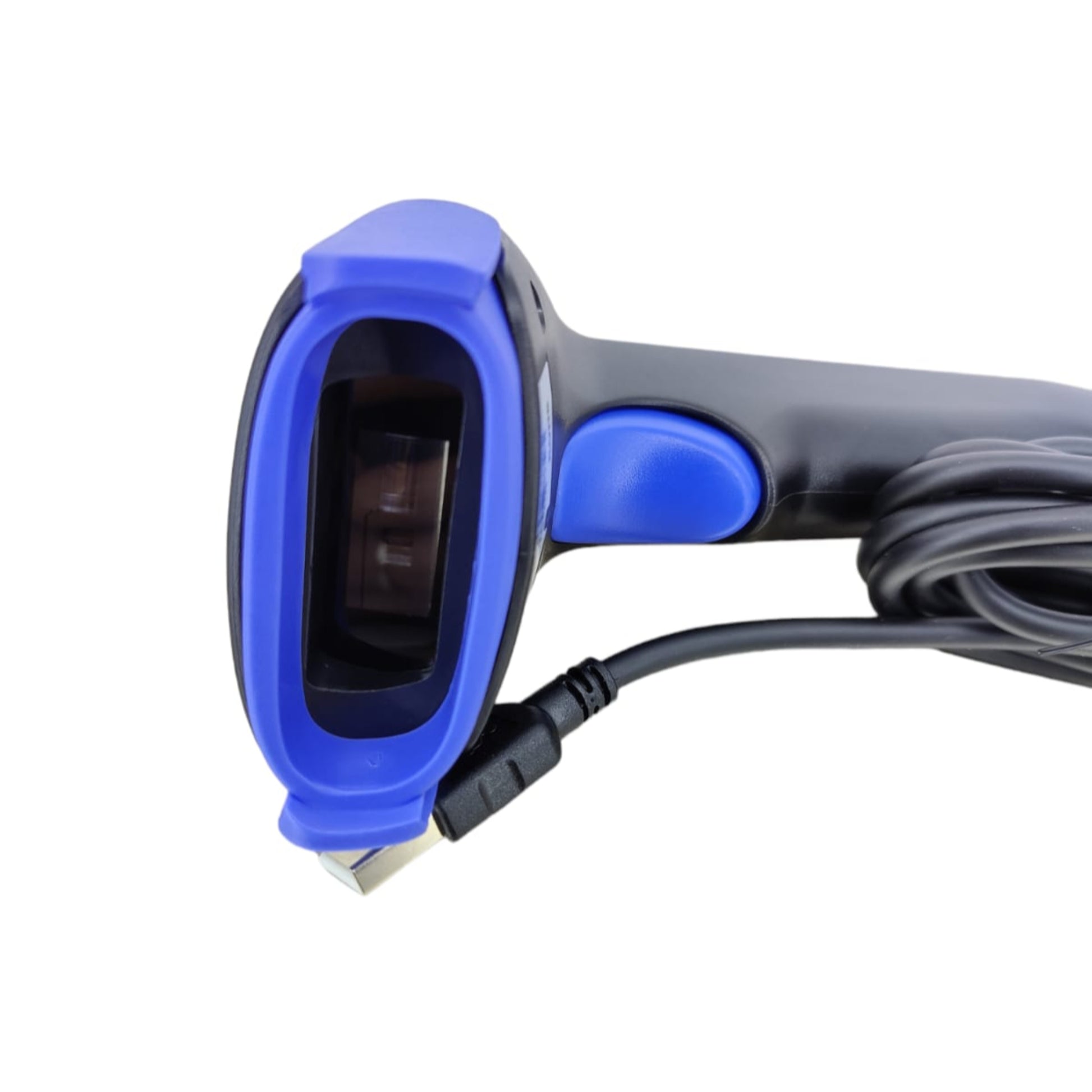 Close-up of a Plug & Play USB handheld barcode scanner with blue accents and cable.