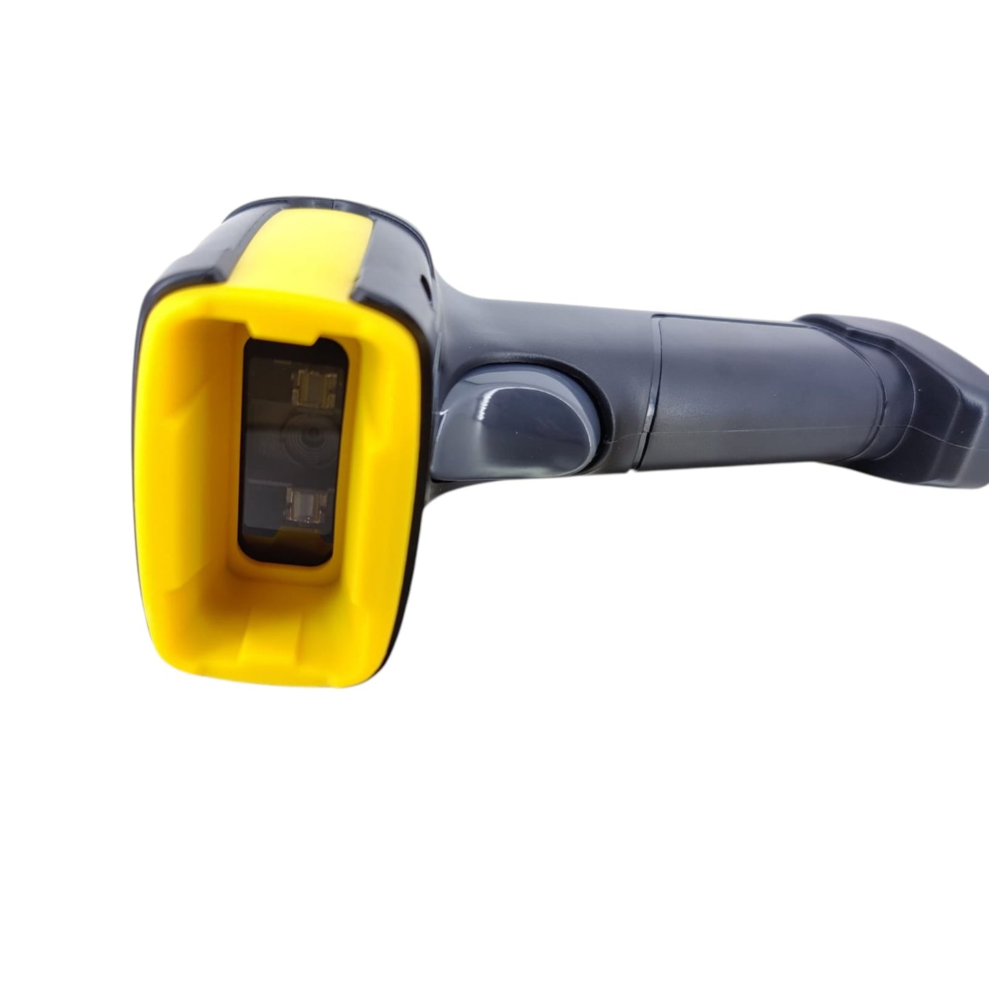 Front view of the yellow and black barcode scanner, showing the scanning window.