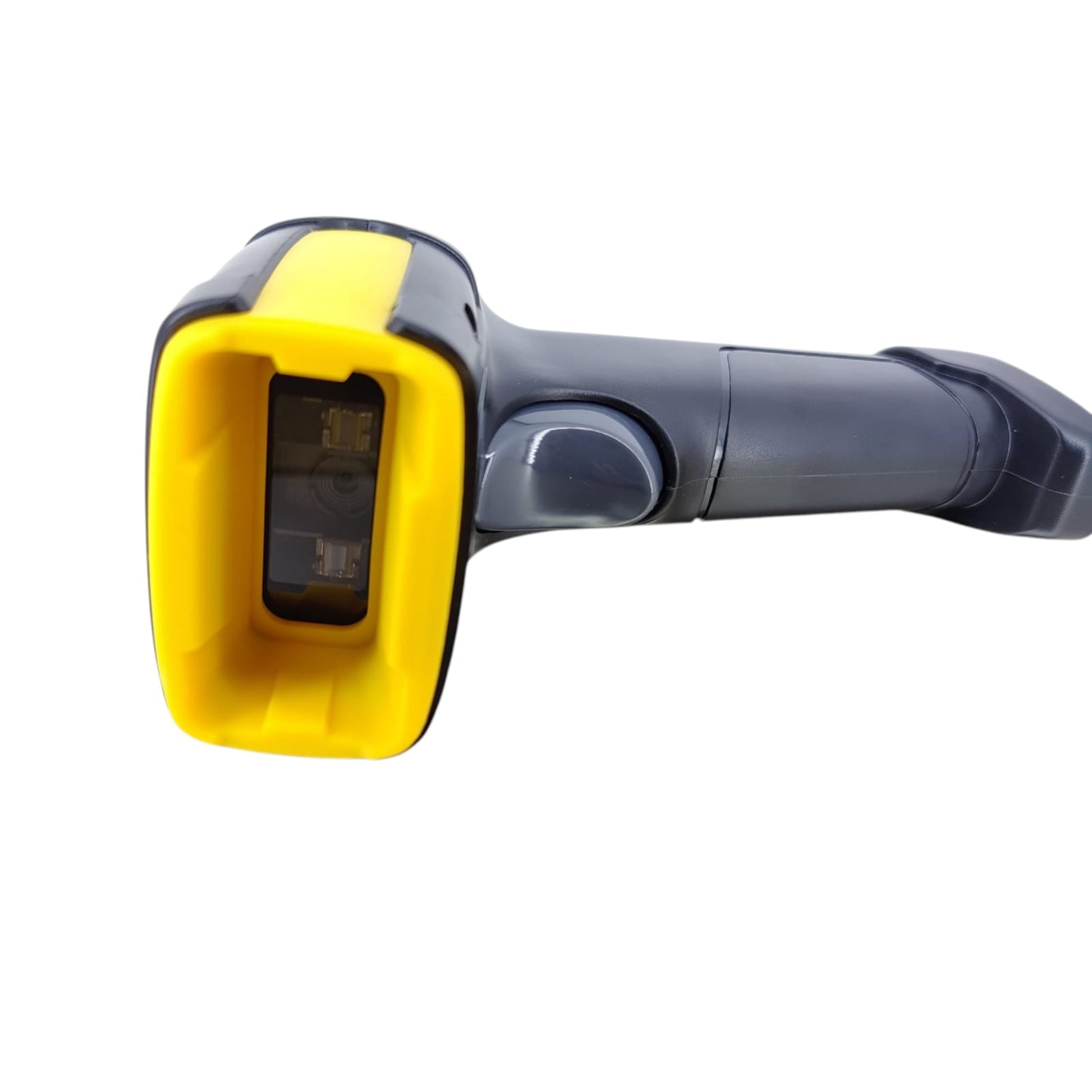 Front view of the yellow and black barcode scanner, showing the scanning window.