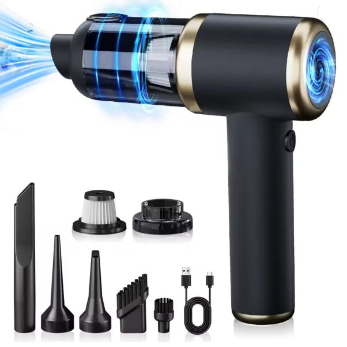 Handheld cordless vacuum shown with its complete set of accessories, including various nozzles, brushes, two HEPA filters, and a USB-C charging cable.