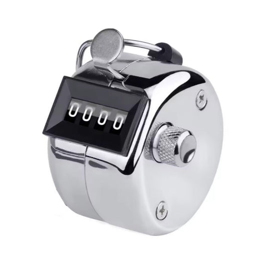 4-Digit Mechanical Hand Tally Counter - Manual Clicker for Events in chrome finish, featuring a sturdy metal casing.