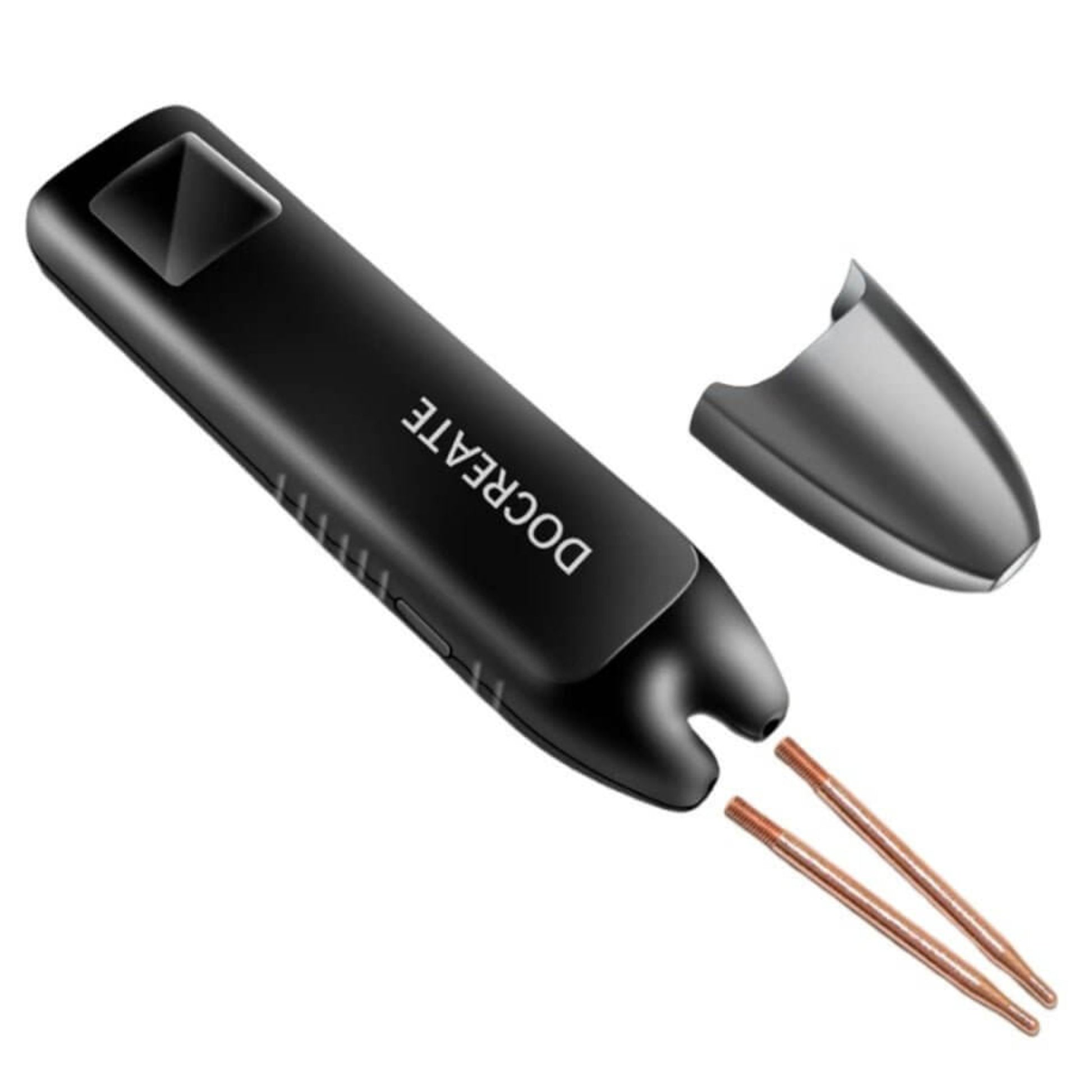 Compact DO CREATE handheld spot welder for efficient battery welding with nickel sheets.