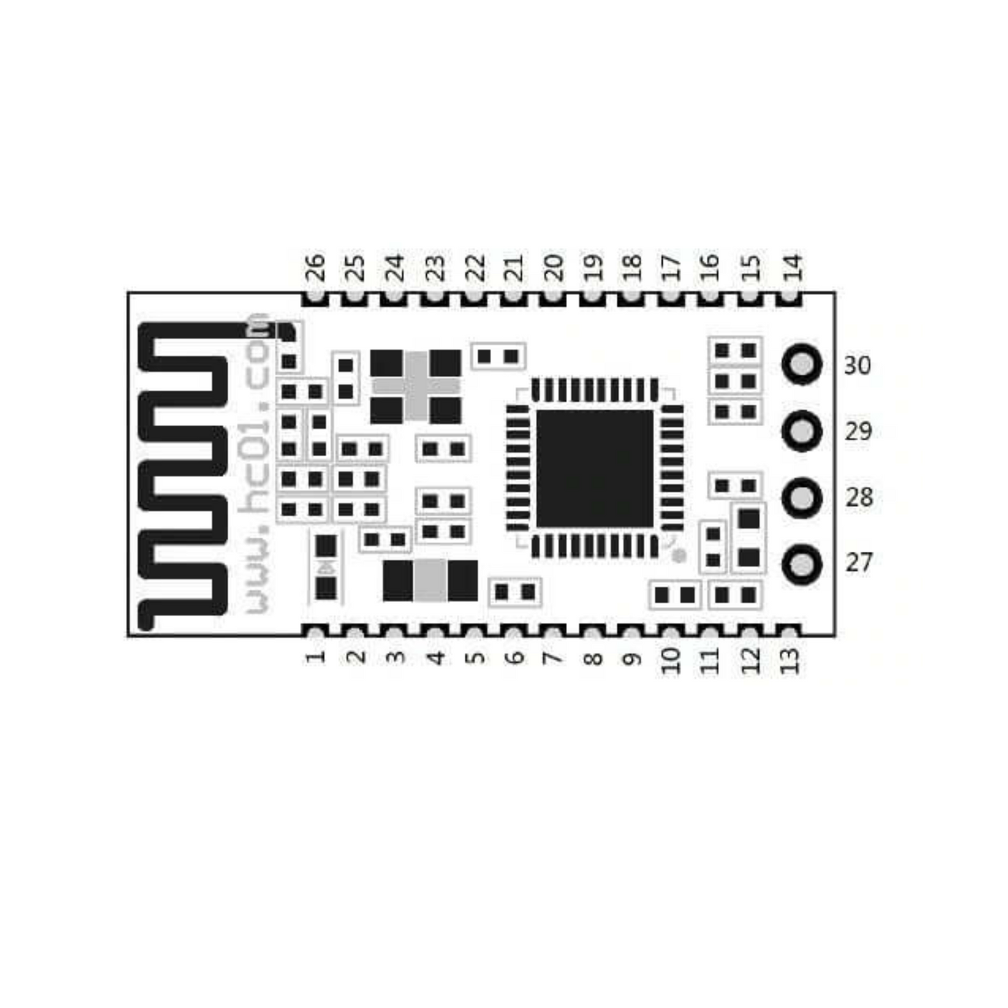 Pin diagram for the surface-mount HC-08 bare module with all 30 pins numbered.