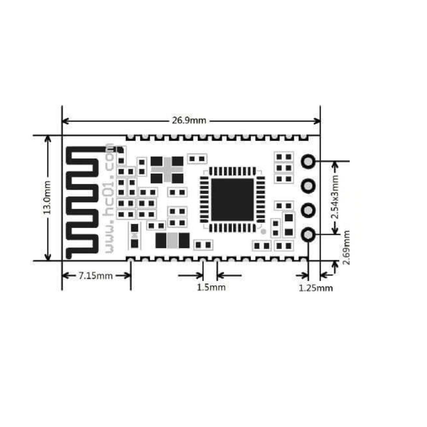 Technical drawing showing the dimensions of the HC-08 Bluetooth module as 26.9mm by 13.0mm.