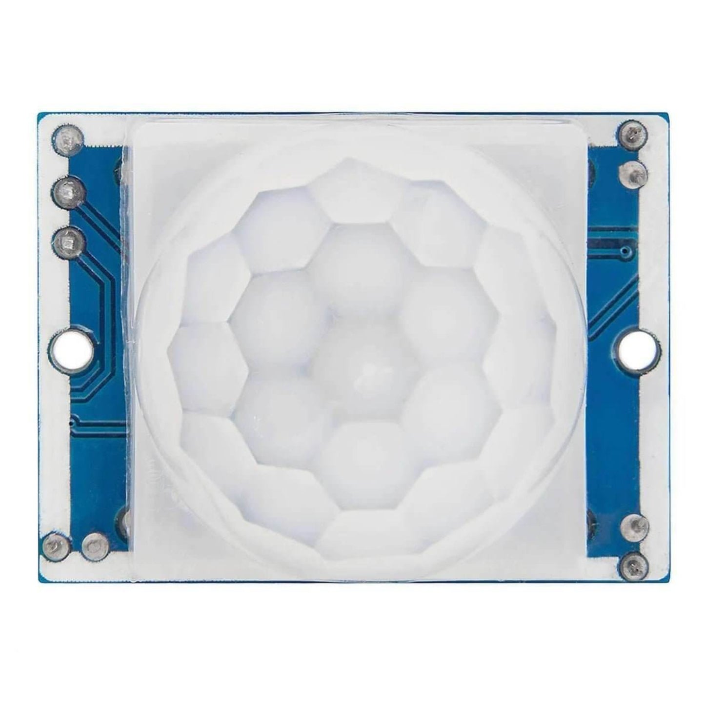 Back view of the HC-SR501 module PCB. Shows the time delay and sensitivity adjustment potentiometers.