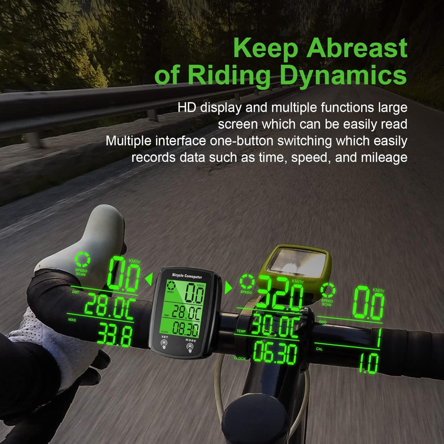 HD display bicycle computer mounted on a handlebar, showing clear, readable riding data.