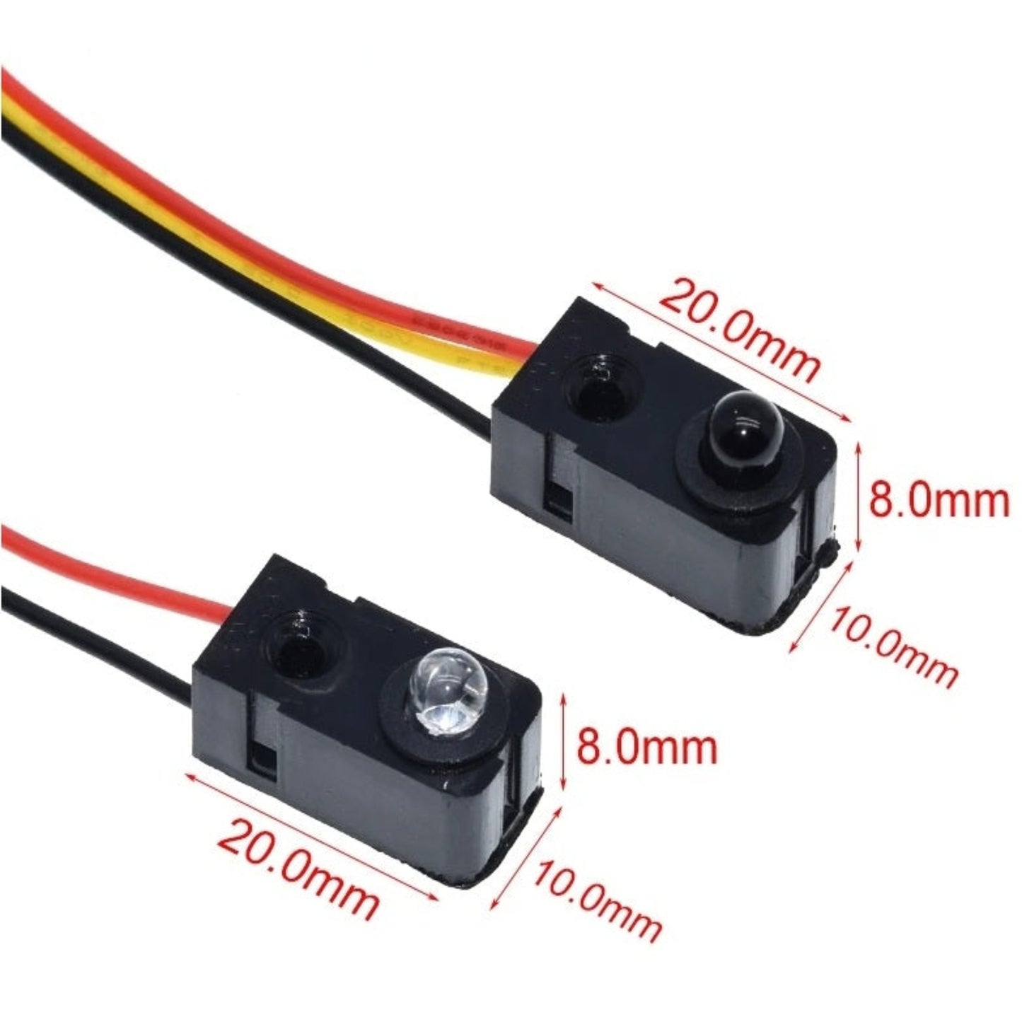 Dimensions of the HD-DS200CM IR sensor showing 20mm length, 10mm width, and 8mm height.