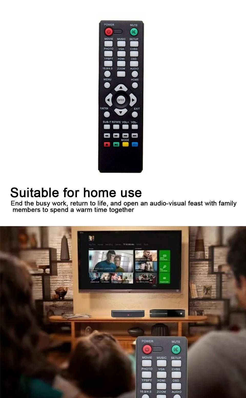 Home media remote control with TV display, perfect for family entertainment and easy access to digital content.