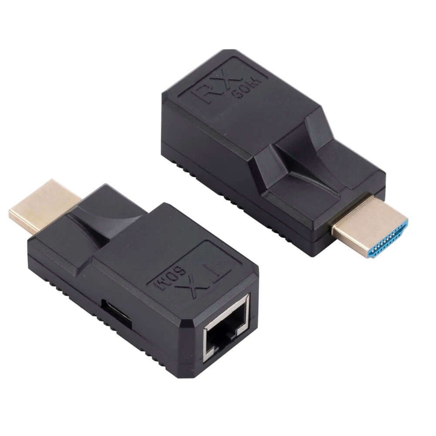 A close-up, angled view of the HDMI extender TX and RX modules.