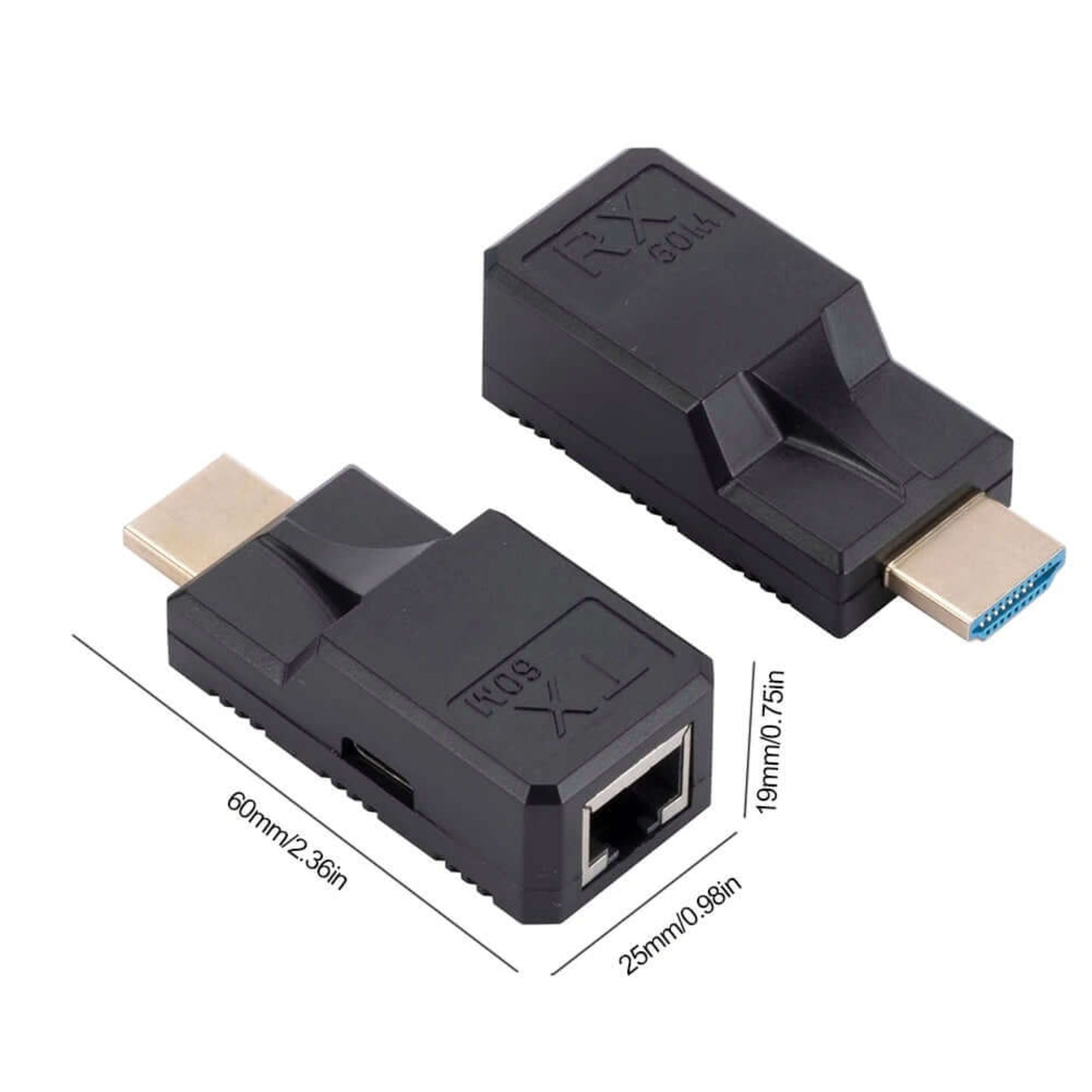 An image displaying the dimensions of the HDMI signal extender, including length, width, and height.