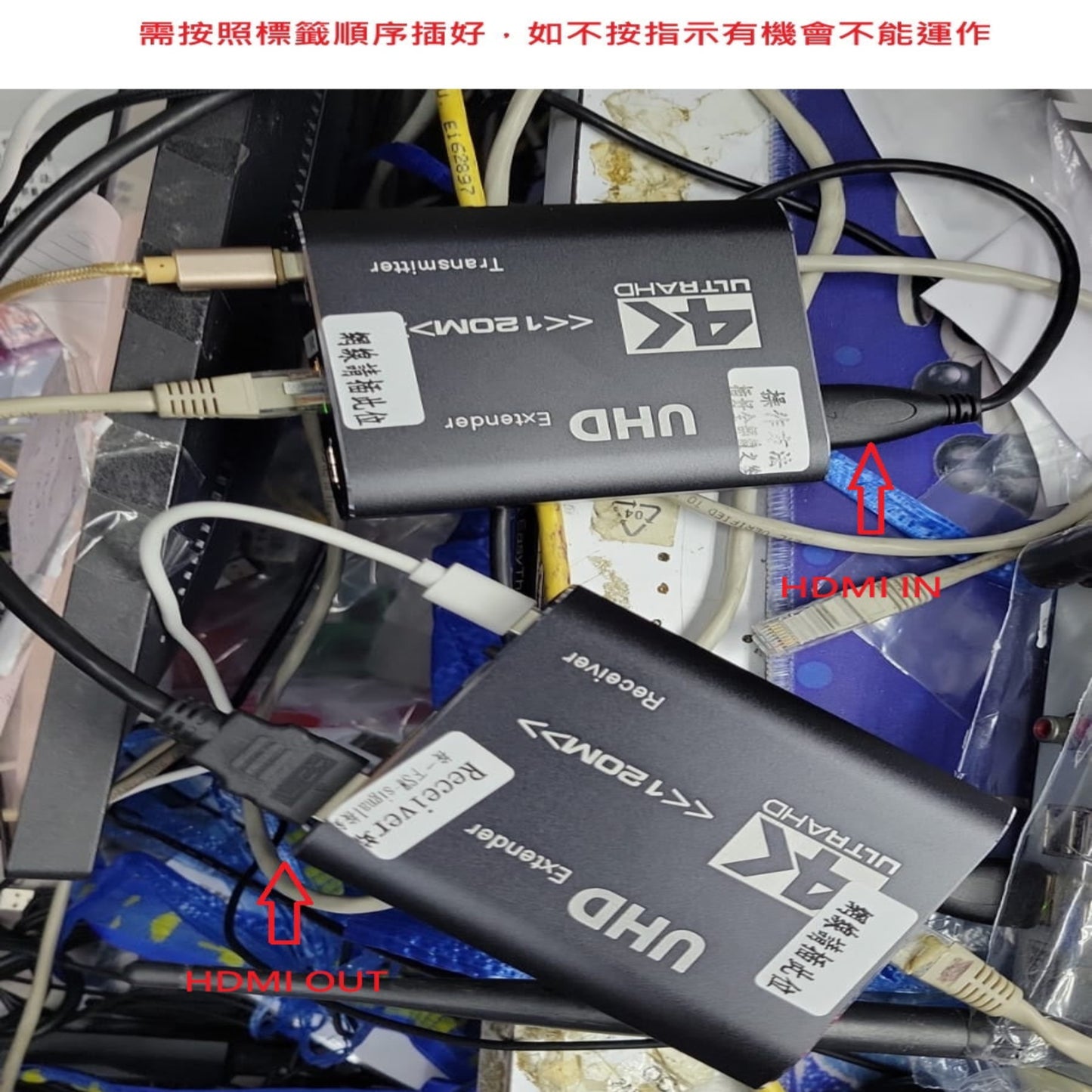 4K HDMI extender over Ethernet with labeled HDMI in and out ports, ideal for long-distance video transmission.