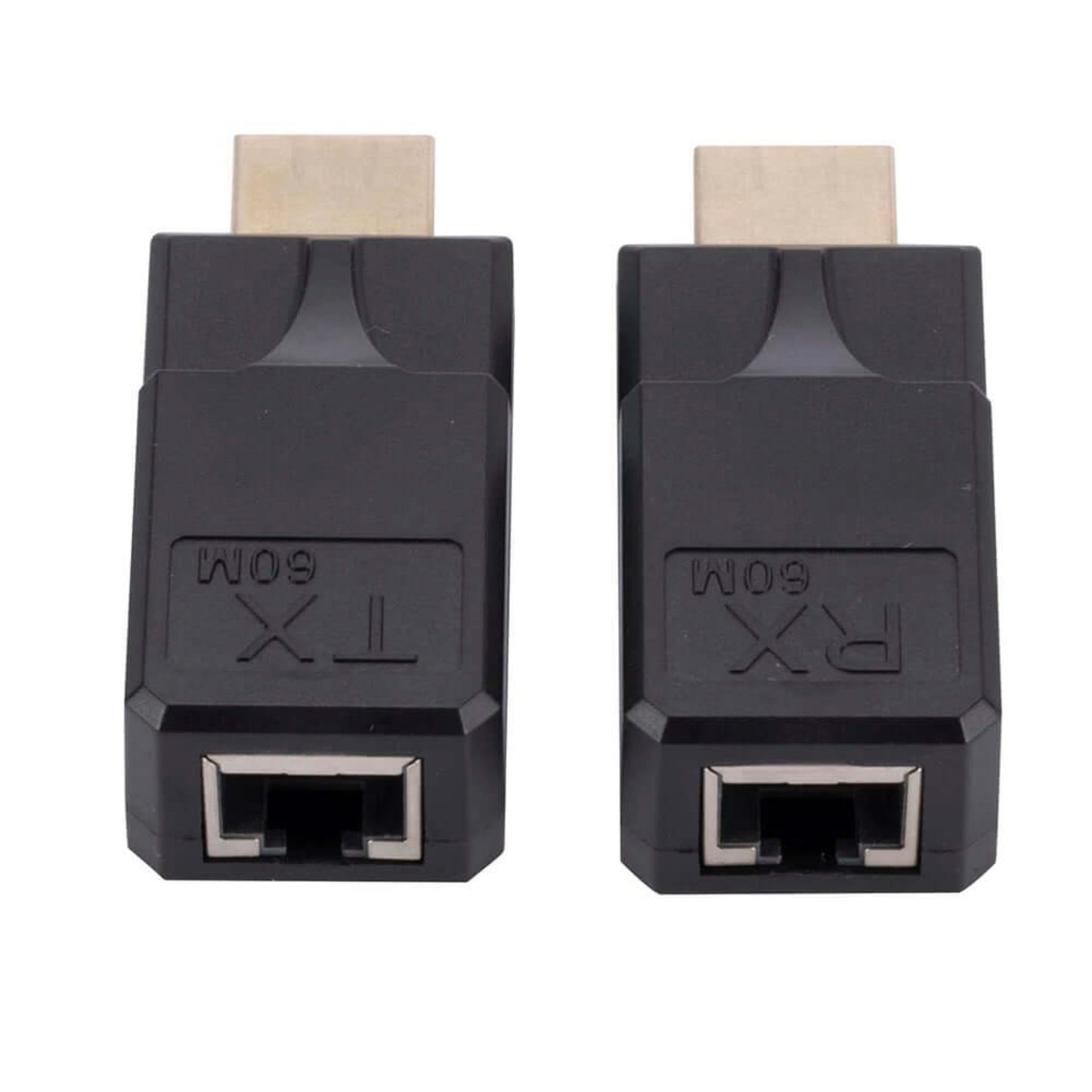 A close-up of the product, highlighting the TX (transmitter) and RX (receiver) labels and the RJ45 port.
