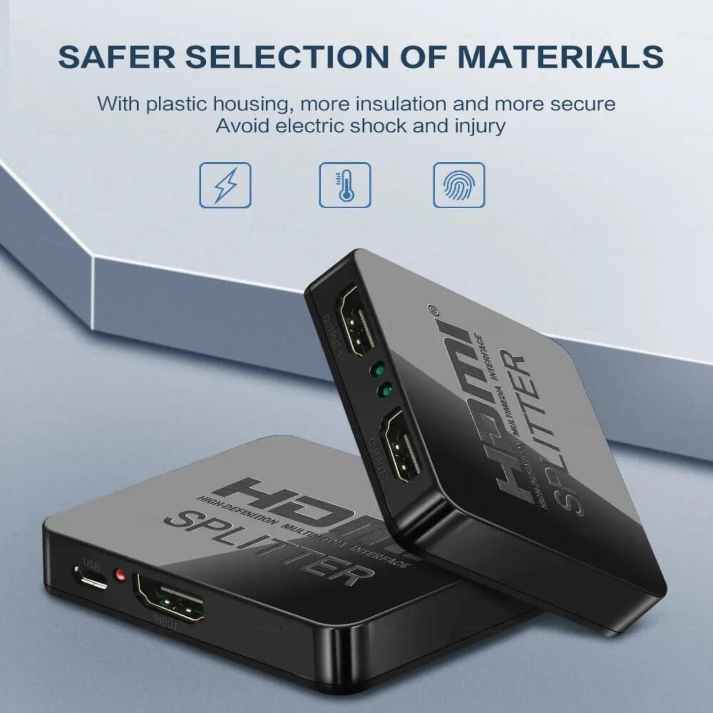 Detailed shot of the HDMI splitter highlighting its insulated plastic housing for enhanced safety and durability.
