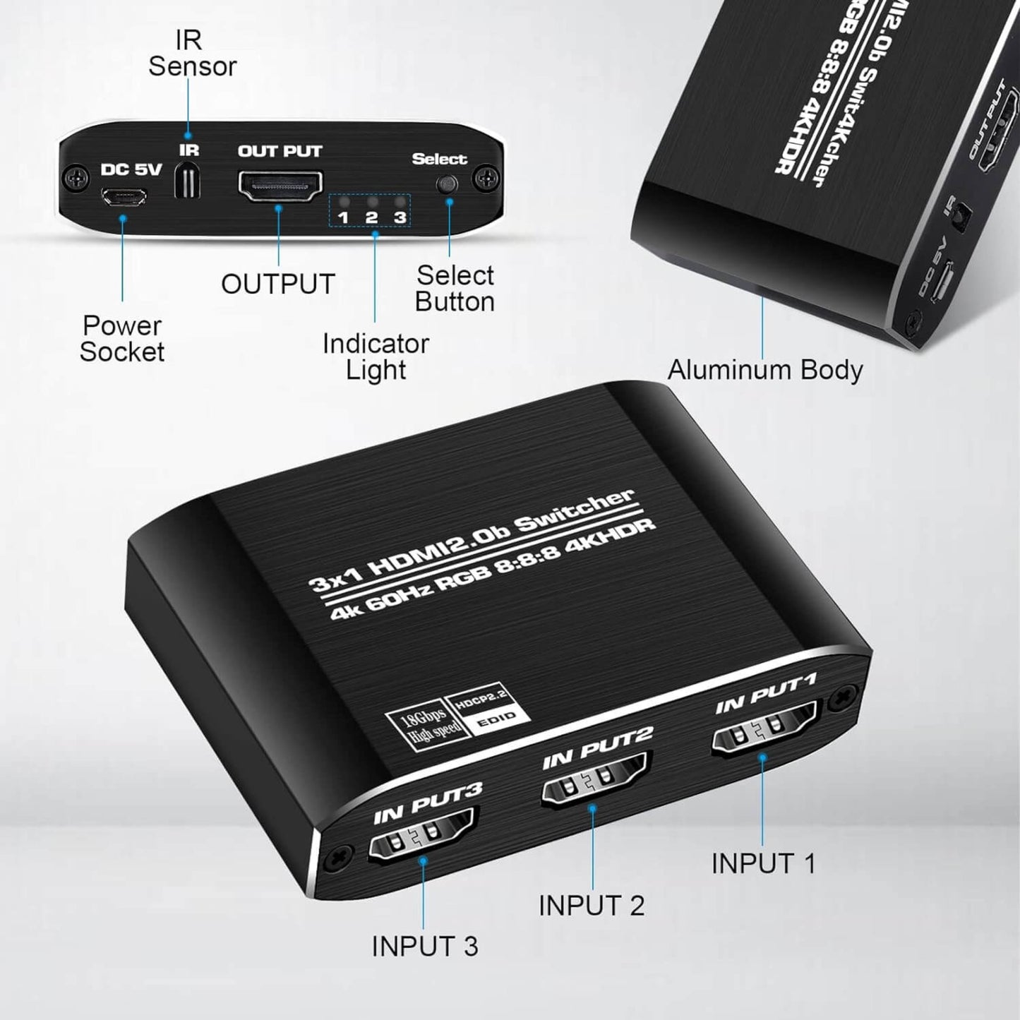 Close-up of the HDMI switcher's ports, showing three inputs, one output, IR sensor, and power jack.