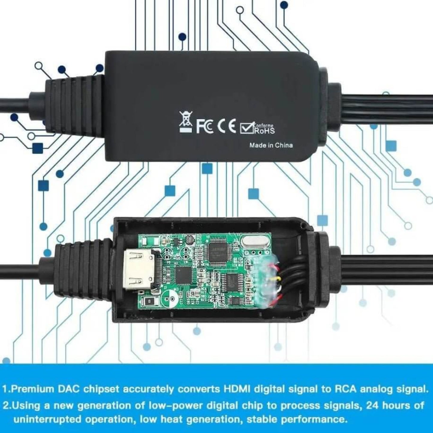 HDMI to RCA/AV Converter Cable showing digital to analog chipset for seamless signal conversion.