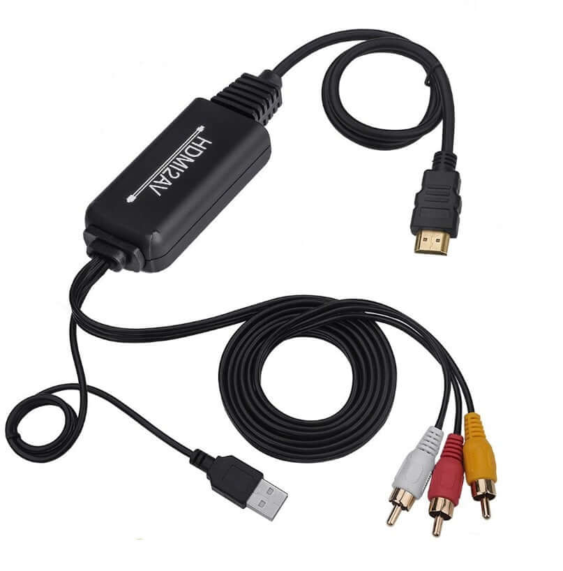 HDMI to RCA/AV converter cable with HDMI, USB, and RCA connectors for digital to analog signal conversion.