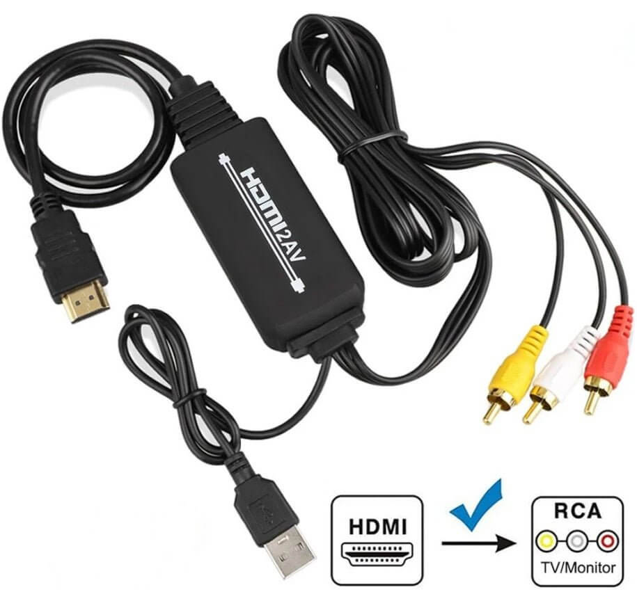 HDMI to RCA converter cable with HDMI and RCA connectors for digital to analog signal conversion.