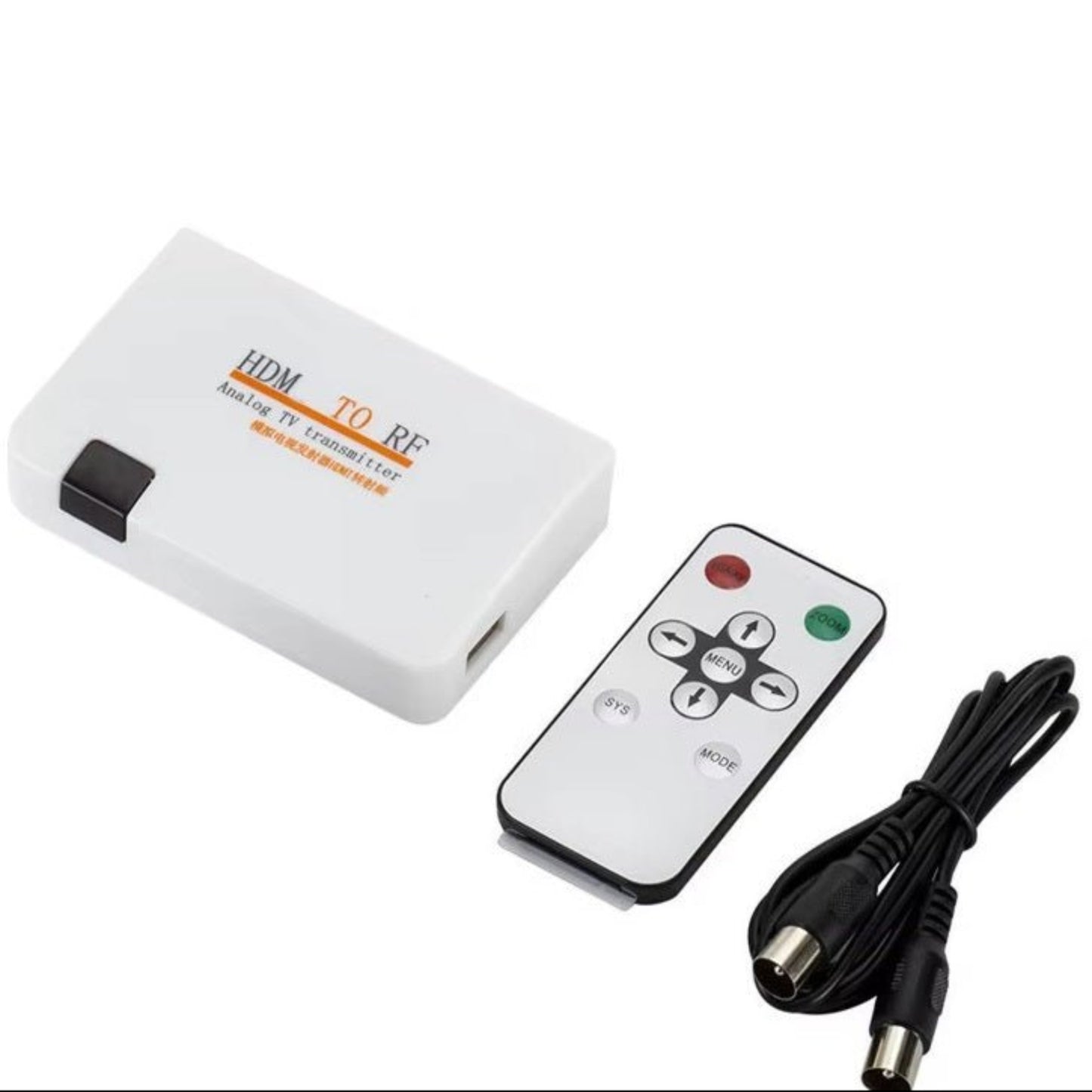 HDMI to RF Analog TV Converter with remote control and cable, ideal for connecting digital devices to older TVs.