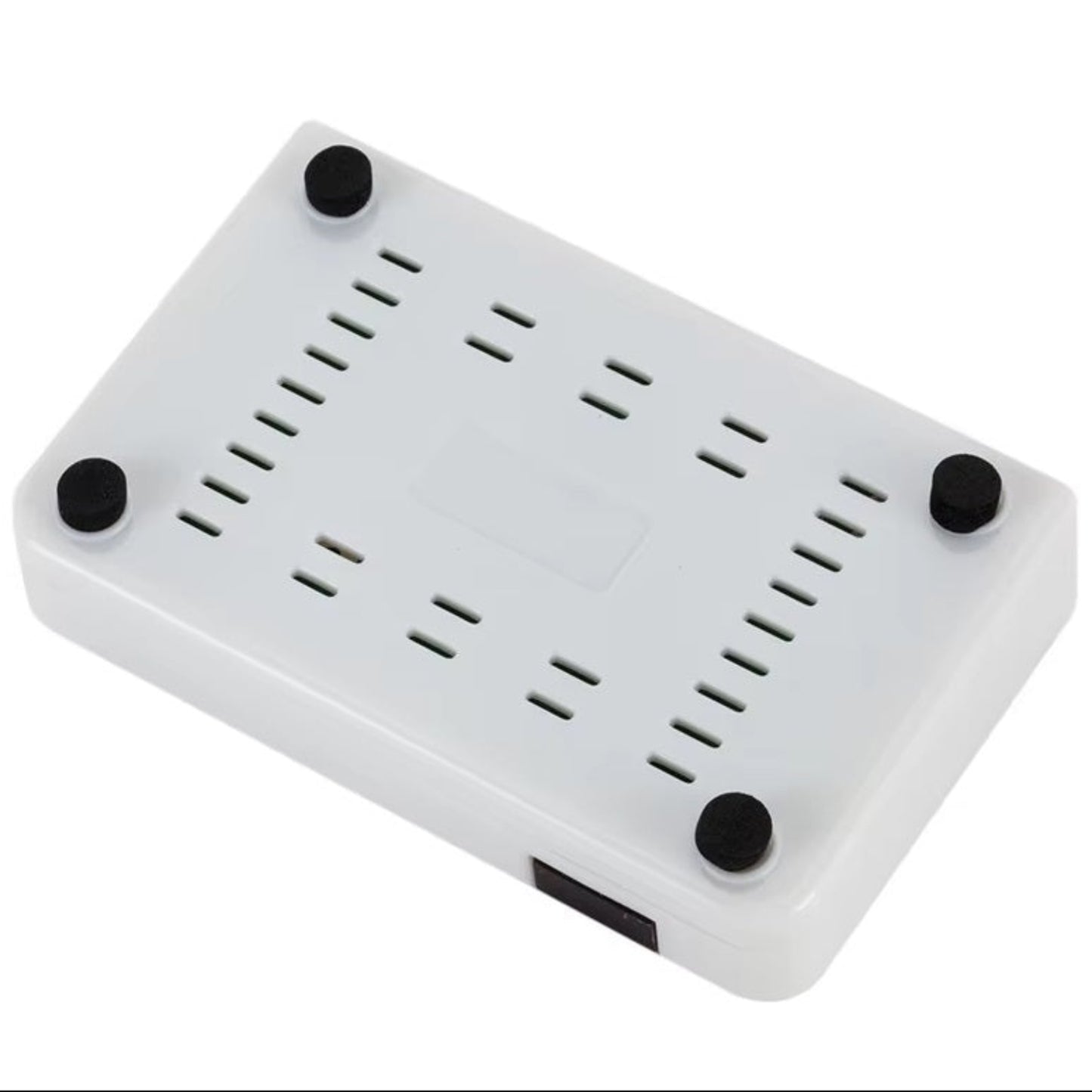 HDMI to RF Analog TV Converter device, compact design with vents and rubber feet for stability.