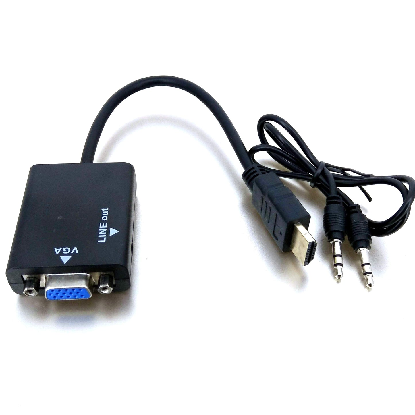 HDMI to VGA adapter with a 3.5mm audio output jack for simultaneous video and audio conversion.