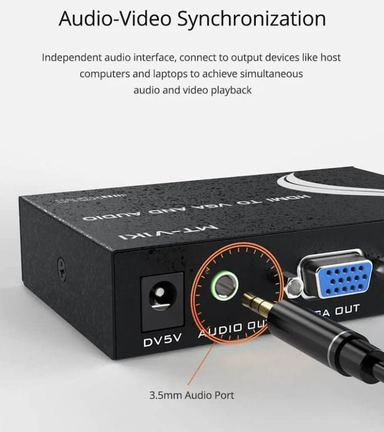 MT-VIKI HDMI to VGA converter with 3.5mm audio port for synchronized audio and video playback.