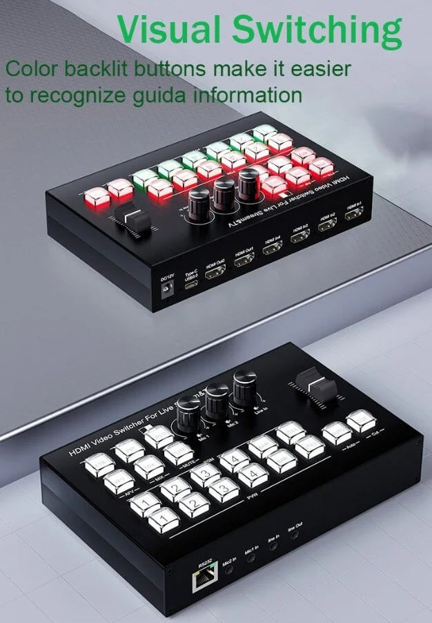 4-Channel HDMI Live Stream Switcher with color backlit buttons for easy visual recognition of inputs.