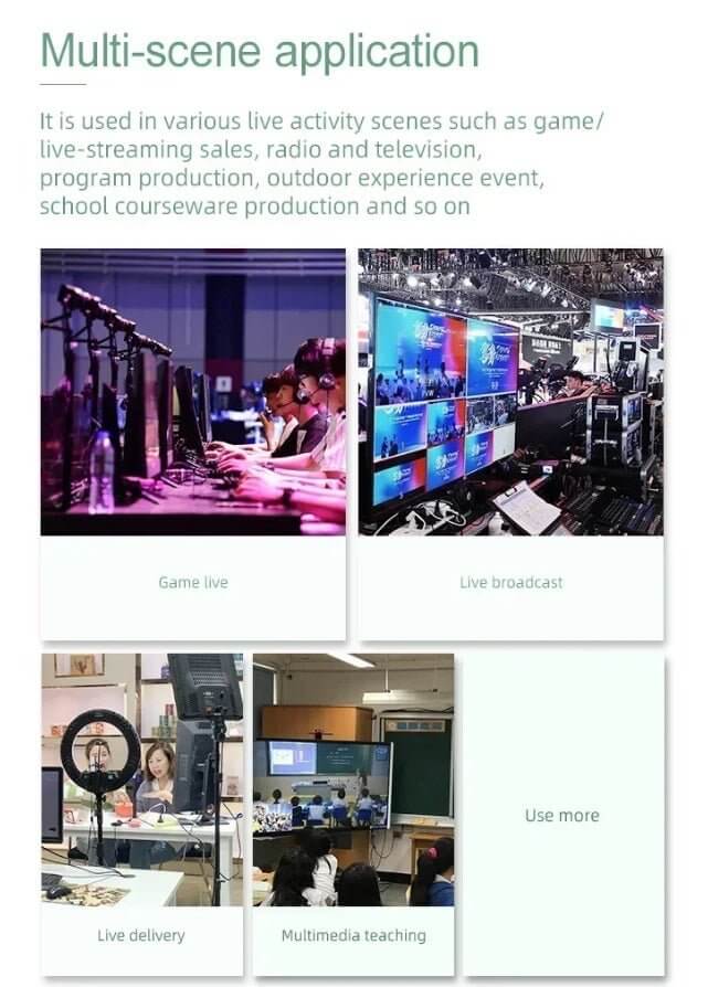 Collage of multi-scene applications for live streaming: gaming, live broadcasting, delivery, and multimedia teaching.