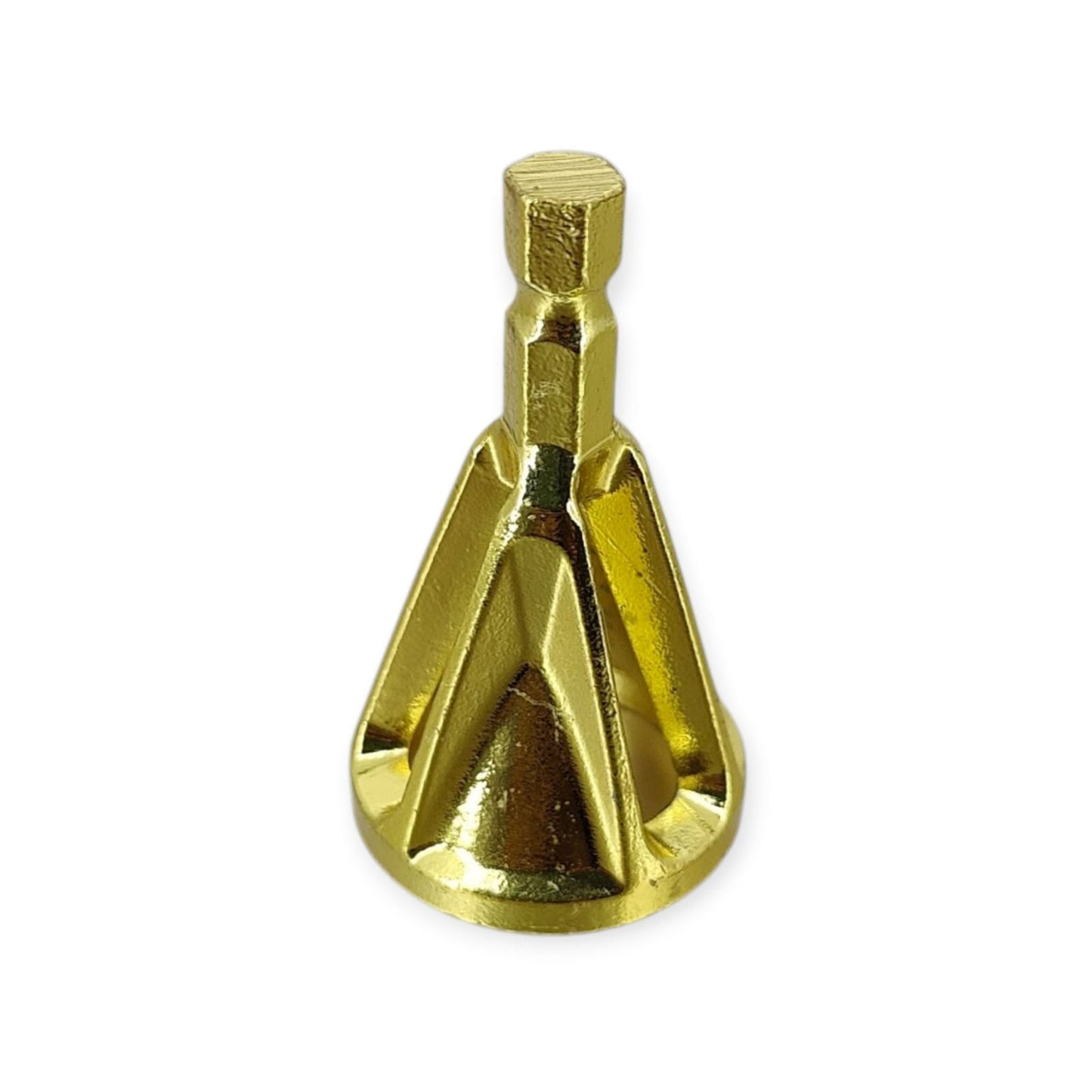 A front-facing view of a six-flute hex shank countersink drill bit, showing its conical shape and gold titanium coating.