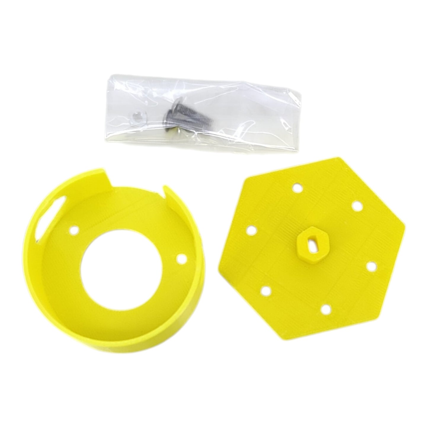 Hexagonal rotating mounting plate with pilot holes for 28BYJ-48 motor.