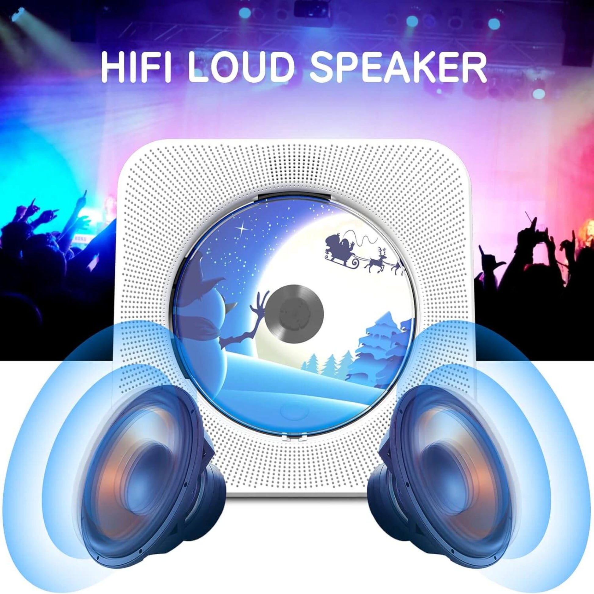 Hi-Fi loud speaker with stylish design and vibrant audio, set against a colorful concert backdrop.
