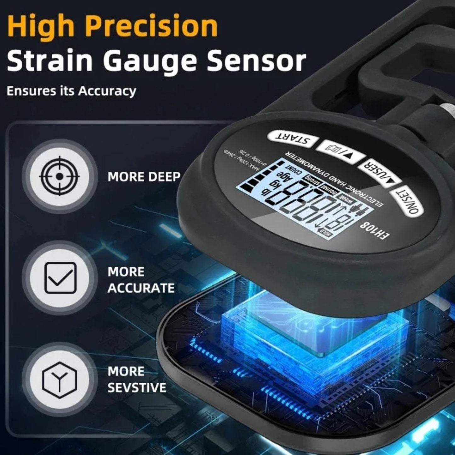 Diagram highlighting the high-precision strain gauge sensor within the digital hand dynamometer for accurate results.